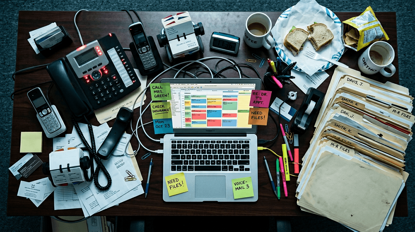 An overwhelmed orthodontic front desk covered in sticky notes, ringing phones, stacked patient files, and a half-eaten lunch
