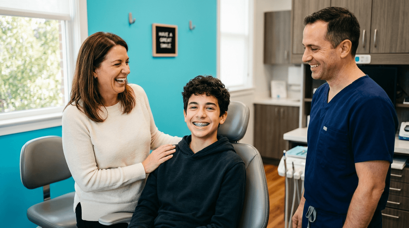 A proud teenage boy showing off his new braces while his mother and orthodontist smile beside him in a modern office