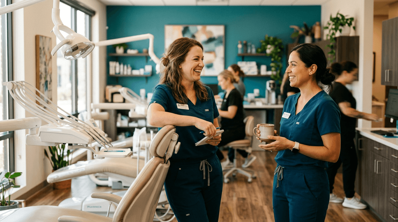 Orthodontic team members laughing and chatting in a modern office with teal accents — relaxed, happy, and stress-free
